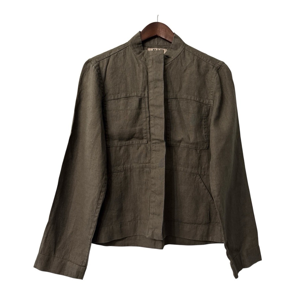 Flax linen jacket women's P 4-6 green military cargo pockets utility casual NWOT